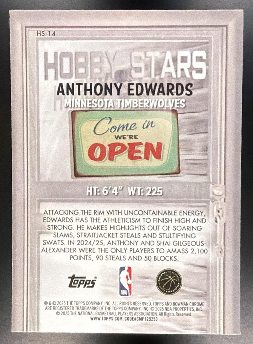 ANTHONY EDWARDS 2025-26 BOWMAN #HS-14 CHROME HOBBY STARS TIMBERWOLVES
