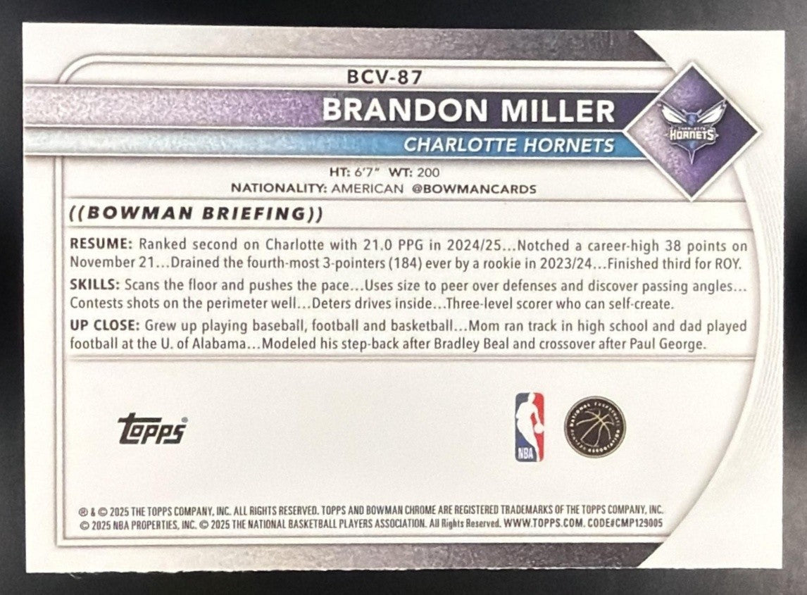 BRANDON MILLER 2025-26 BOWMAN #BCV-87 CHROME PURPLE REFRACTOR 174/250 HORNETS
