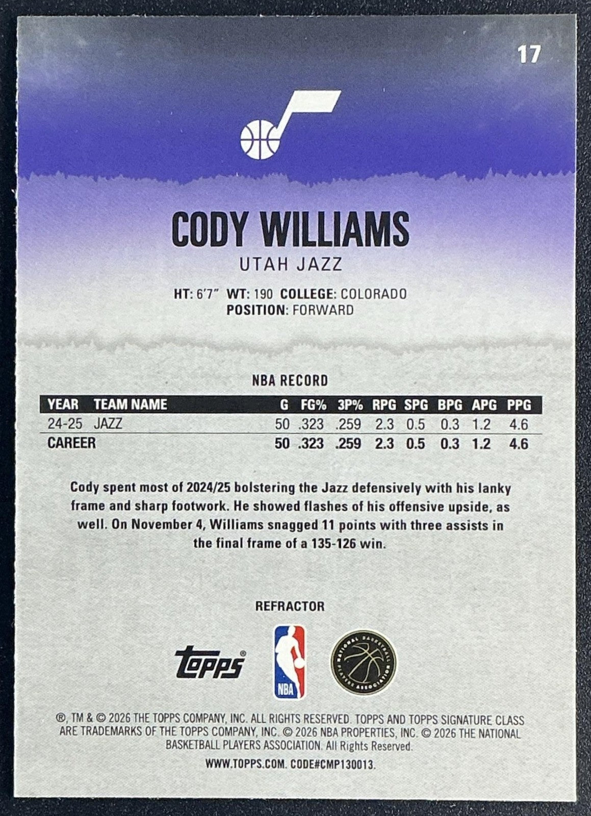 CODY WILLIAMS 2025-26 TOPPS SIGNATURE CLASS #17 CHROME VETERAN REFRACTOR JAZZ