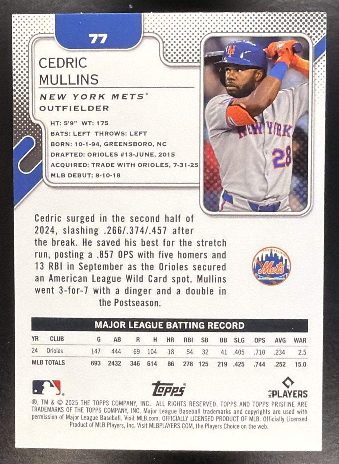 CEDRIC MULLINS 2025 TOPPS PRISTINE #77 METS