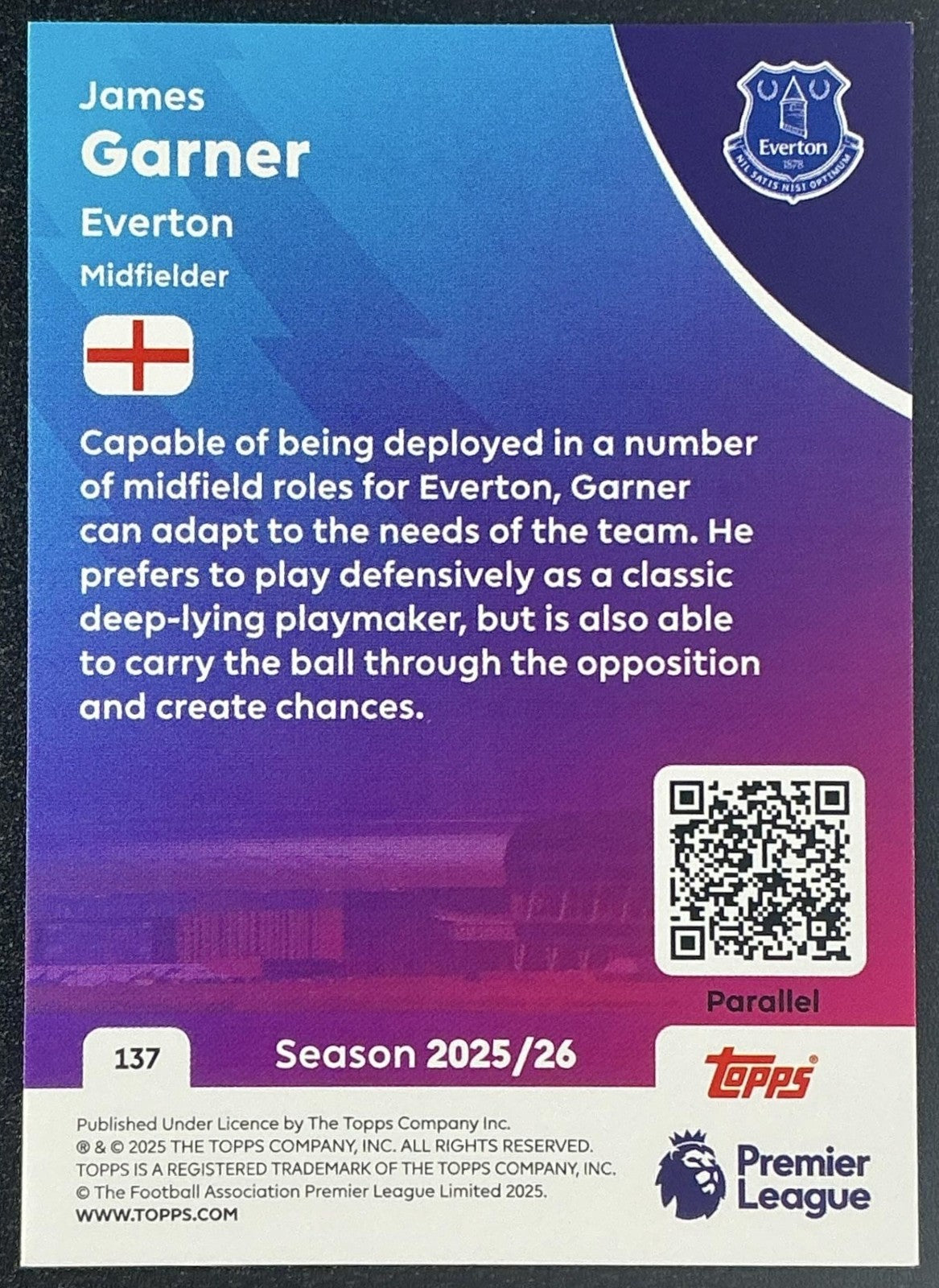 JAMES GARNER 2025-26 TOPPS PREMIER LEAGUE #137 YELLOW EVERTON
