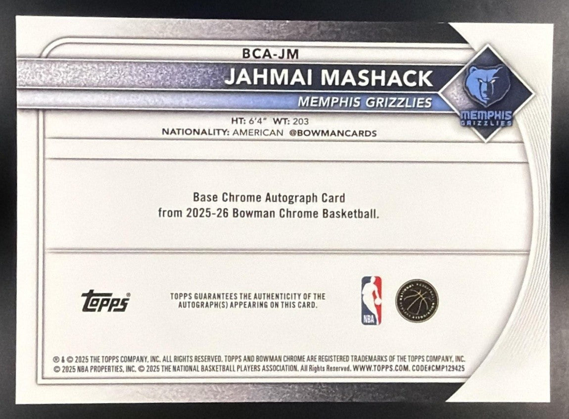 2025 Bowman Jahmai Mashack #BCA-JM Chrome Auto Blue X-Fractor /150 RC
