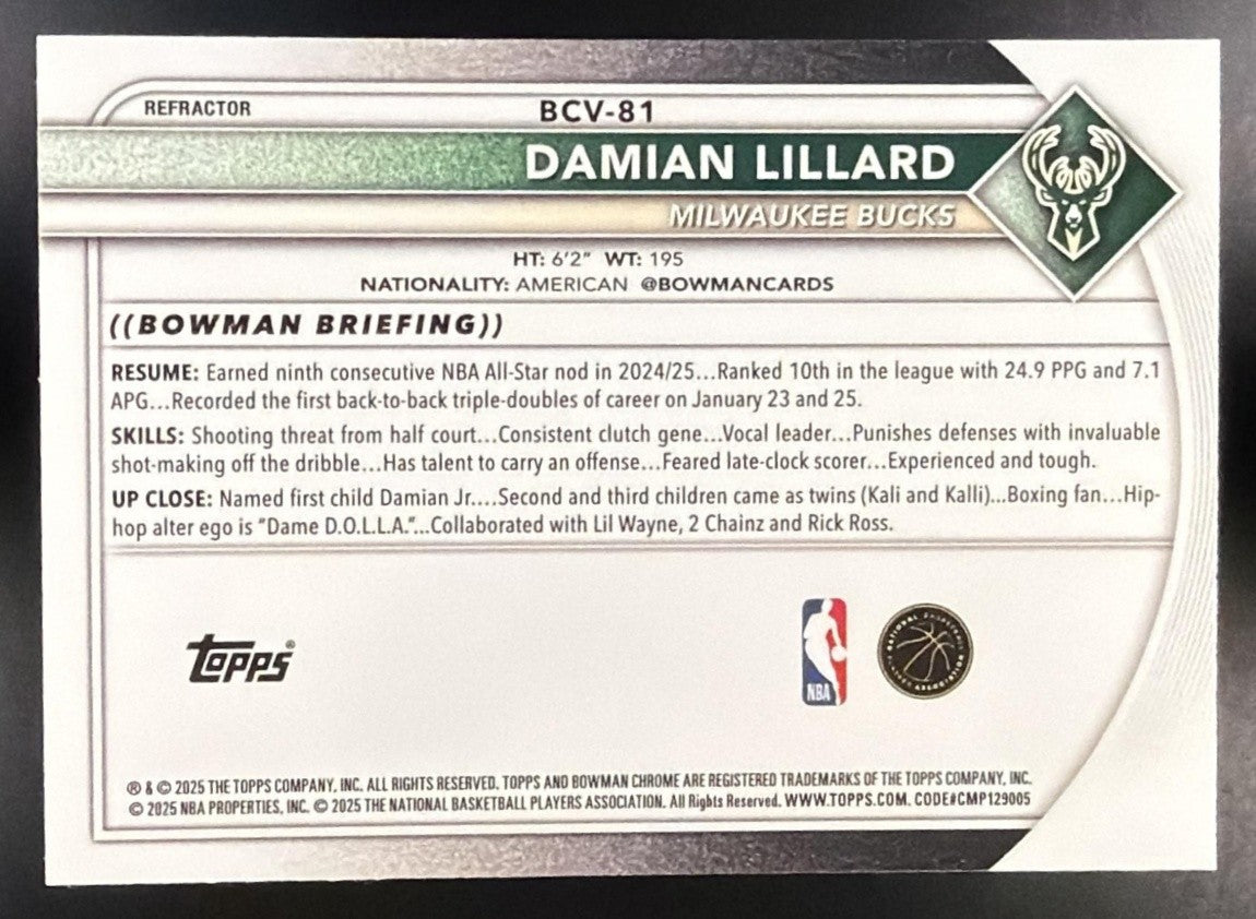 DAMIAN LILLARD 2025-26 BOWMAN #BCV-81 CHROME REFRACTOR 379/499 BUCKS
