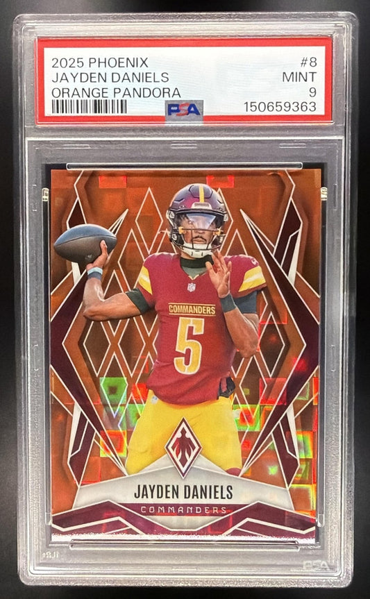 JAYDEN DANIELS 2025 PANINI PHOENIX #8 ORANGE PANDORA PRIZM /189 COMMANDERS PSA 9