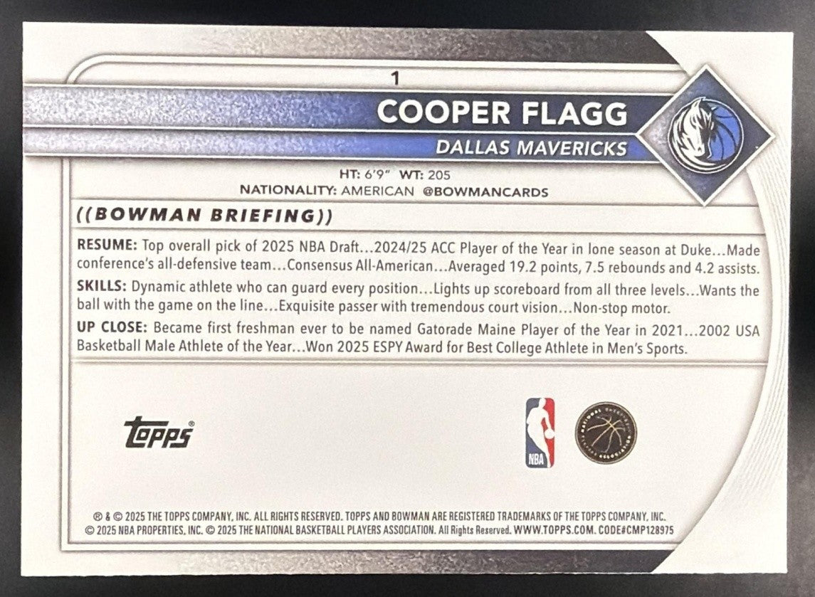 COOPER FLAGG 2025-26 BOWMAN #1 RC MAVERICKS