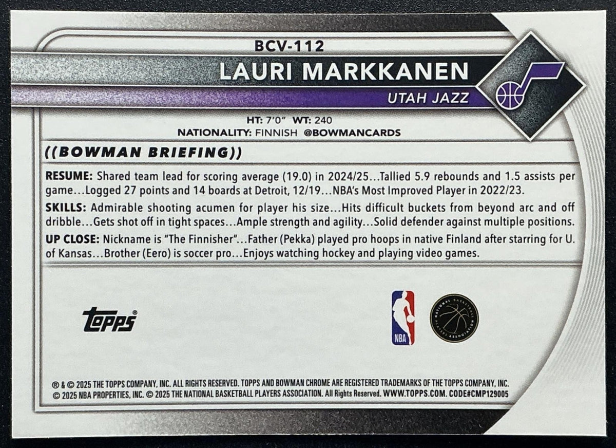 LAURI MARKKANEN 2025-26 BOWMAN #BCV-112 CHROME MOJO REFRACTOR JAZZ
