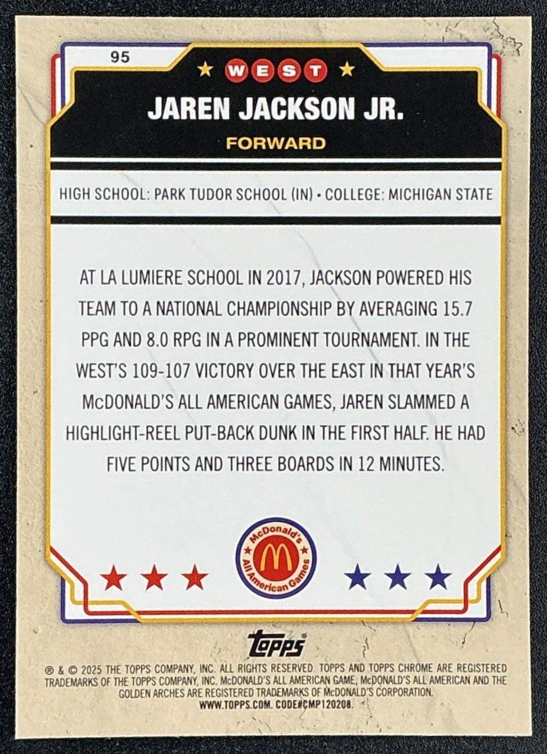 2025 Topps Chrome McDonald's All-American Jaren Jackson Jr. McFlurry Refractor