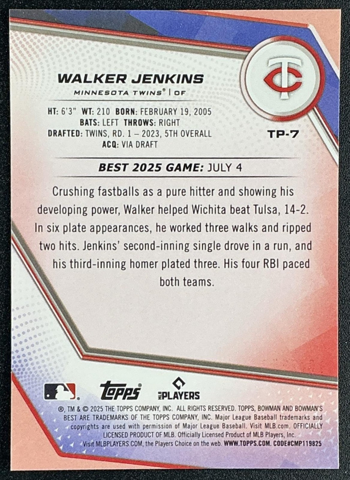 2025 Bowman's Best Walker Jenkins Top Prospects Purple Lazer Refractor /250