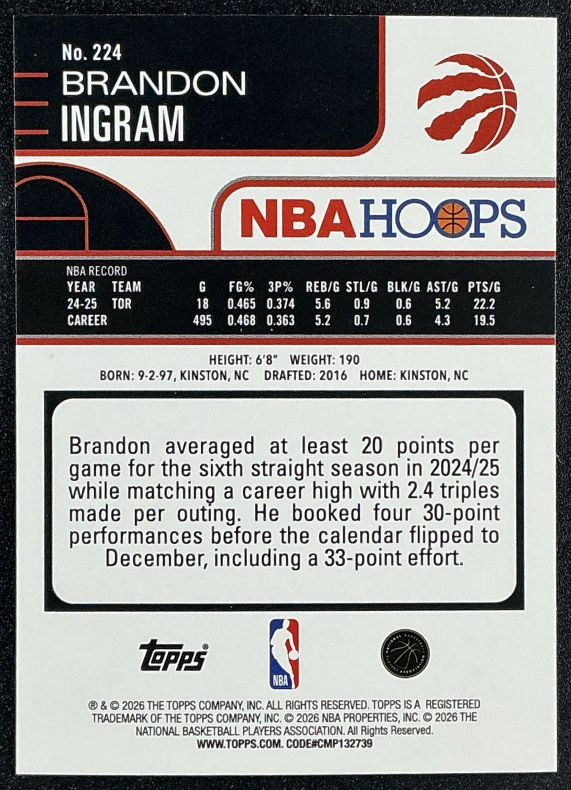 BRANDON INGRAM 2025-26 TOPPS HOOPS #224 LIGHT BURST RAPTORS