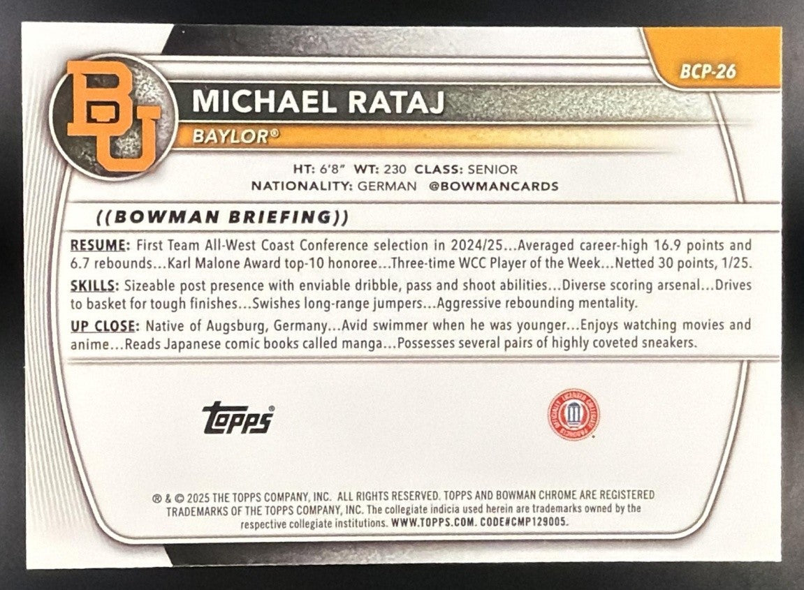 2025 Bowman Michael Rataj #BCP-26 Chrome Reptilian Refractor 1st Prospect