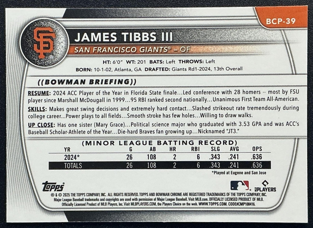 2025 Bowman Sapphire James Tibbs III Chrome Prospects Green Refractor /99