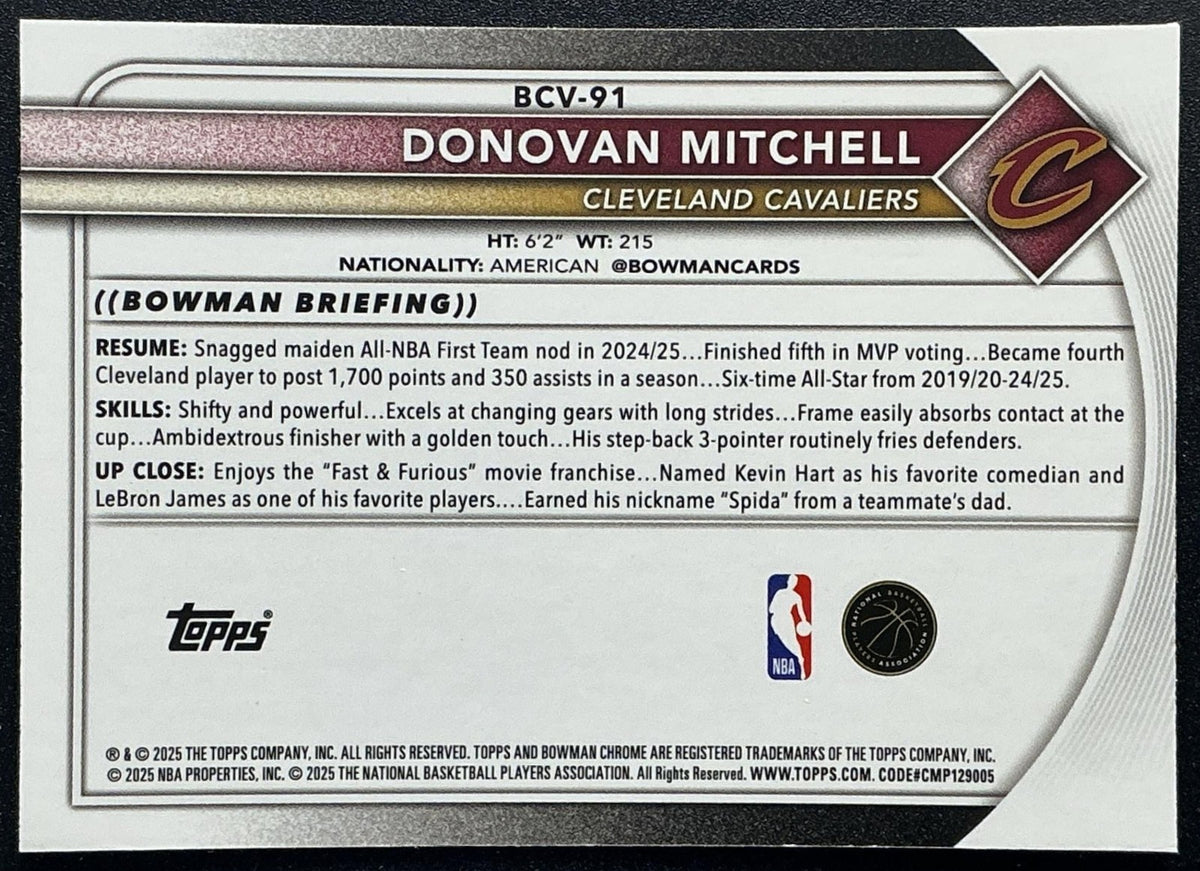 DONOVAN MITCHELL 2025-26 BOWMAN #BCV-91 CHROME REPTILIAN REFRACTOR CAVALIERS