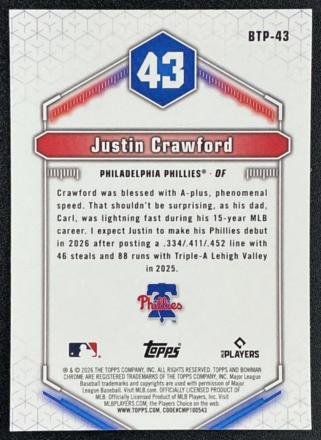 JUSTIN CRAWFORD 2026 BOWMAN #BTP-43 SCOUTS TOP 100 CHROME PHILLIES