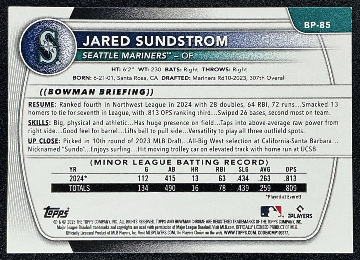JARED SUNDSTROM 2025 BOWMAN #BP-85 PROSPECTS MARINERS