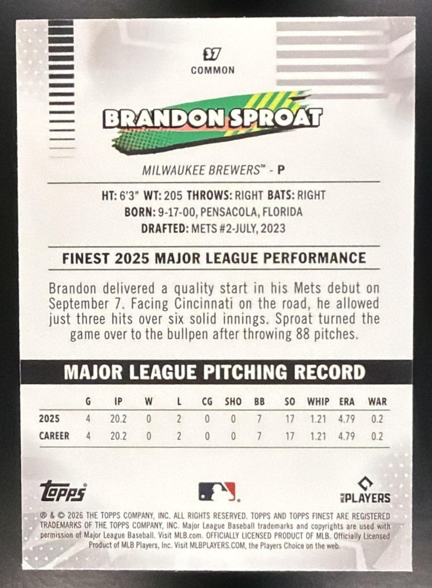 BRANDON SPROAT 2026 TOPPS FINEST #37 RC BREWERS