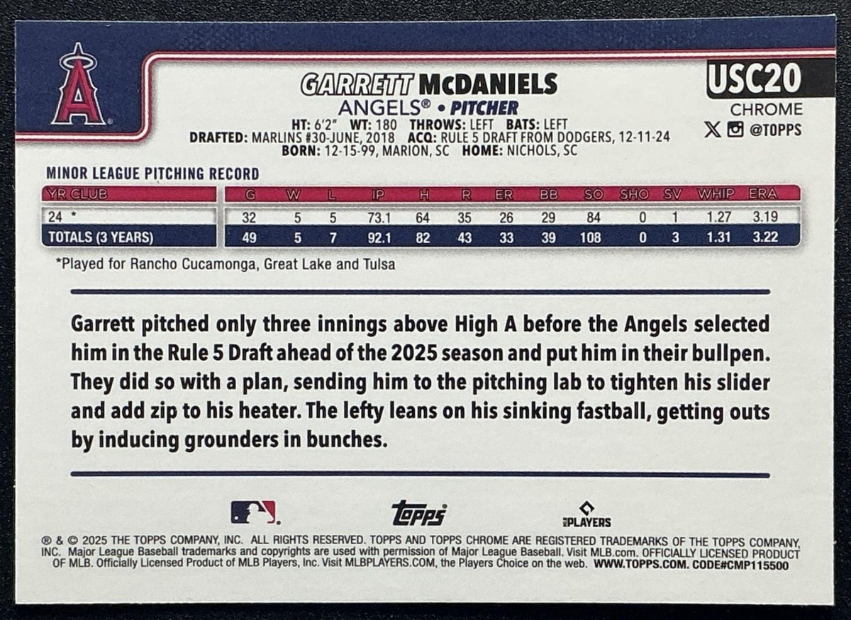 GARRETT MCDANIELS 2025 TOPPS CHROME UPDATE #USC20 GEOMETRIC REFRACTOR RC ANGELS