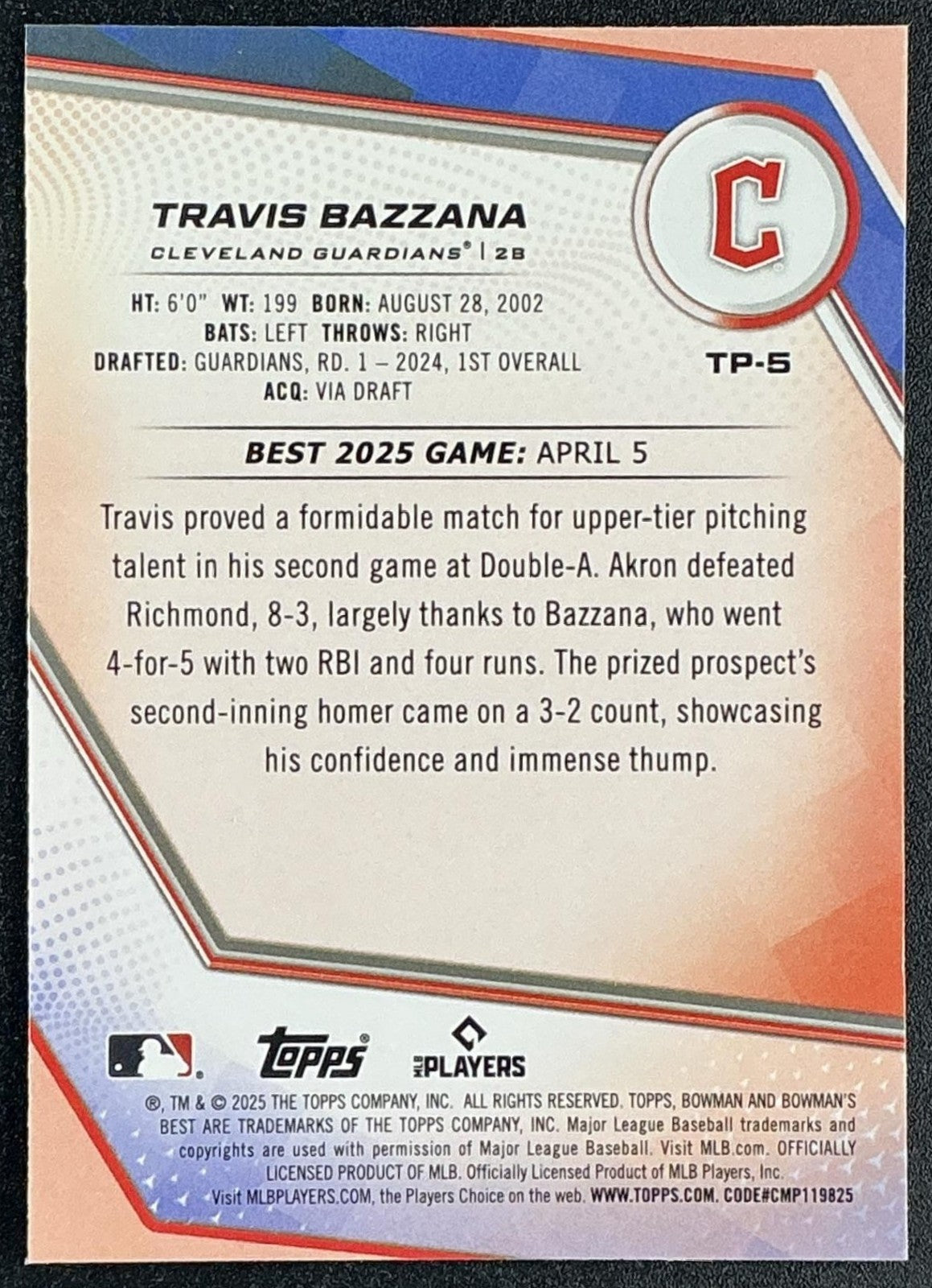 TRAVIS BAZZANA 2025 BOWMAN'S BEST #TP-5 TOP PROSPECTS GUARDIANS