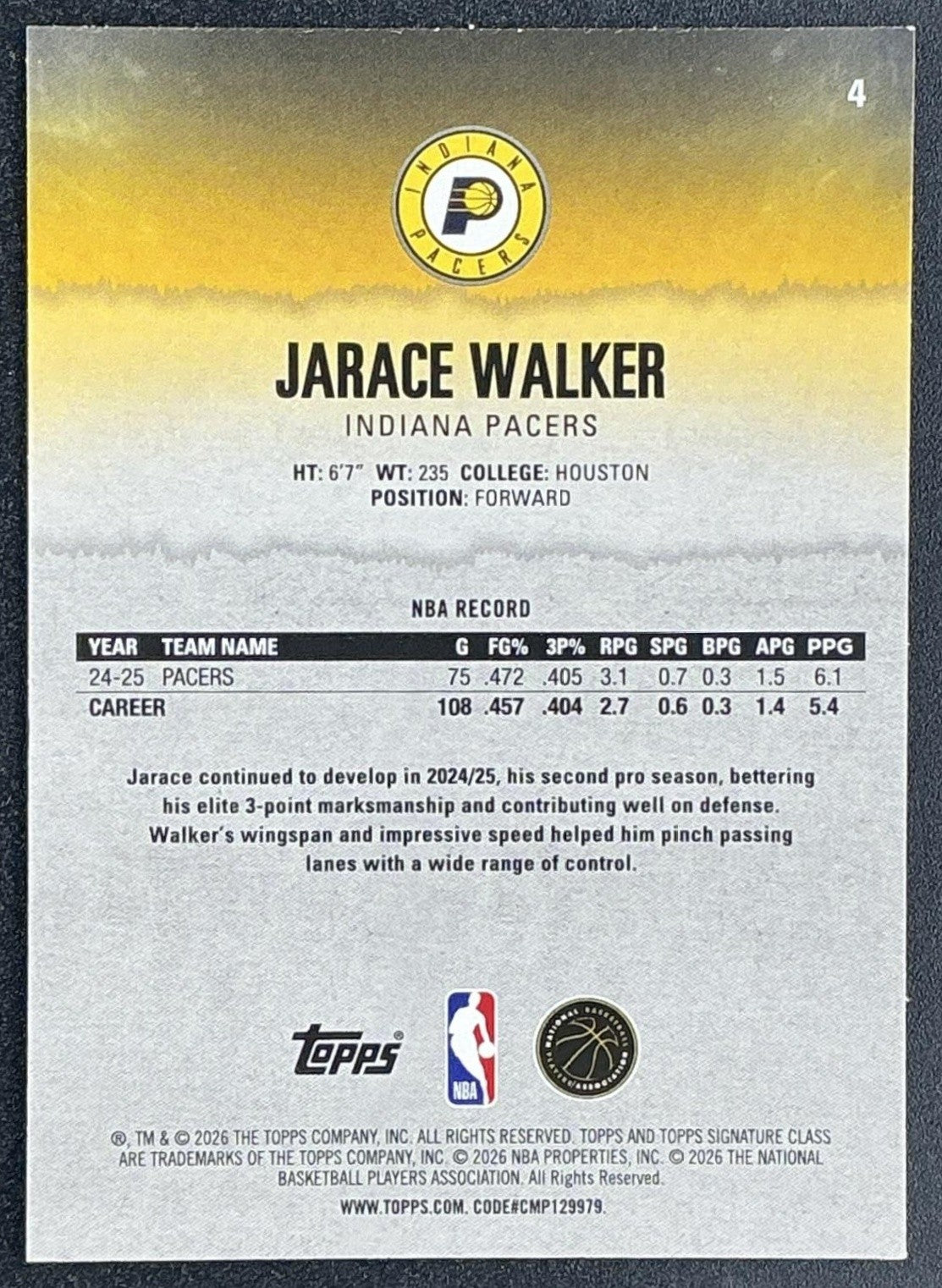 JARACE WALKER 2025-26 TOPPS SIGNATURE CLASS #4 VETERAN LIME FOIL /175 PACERS