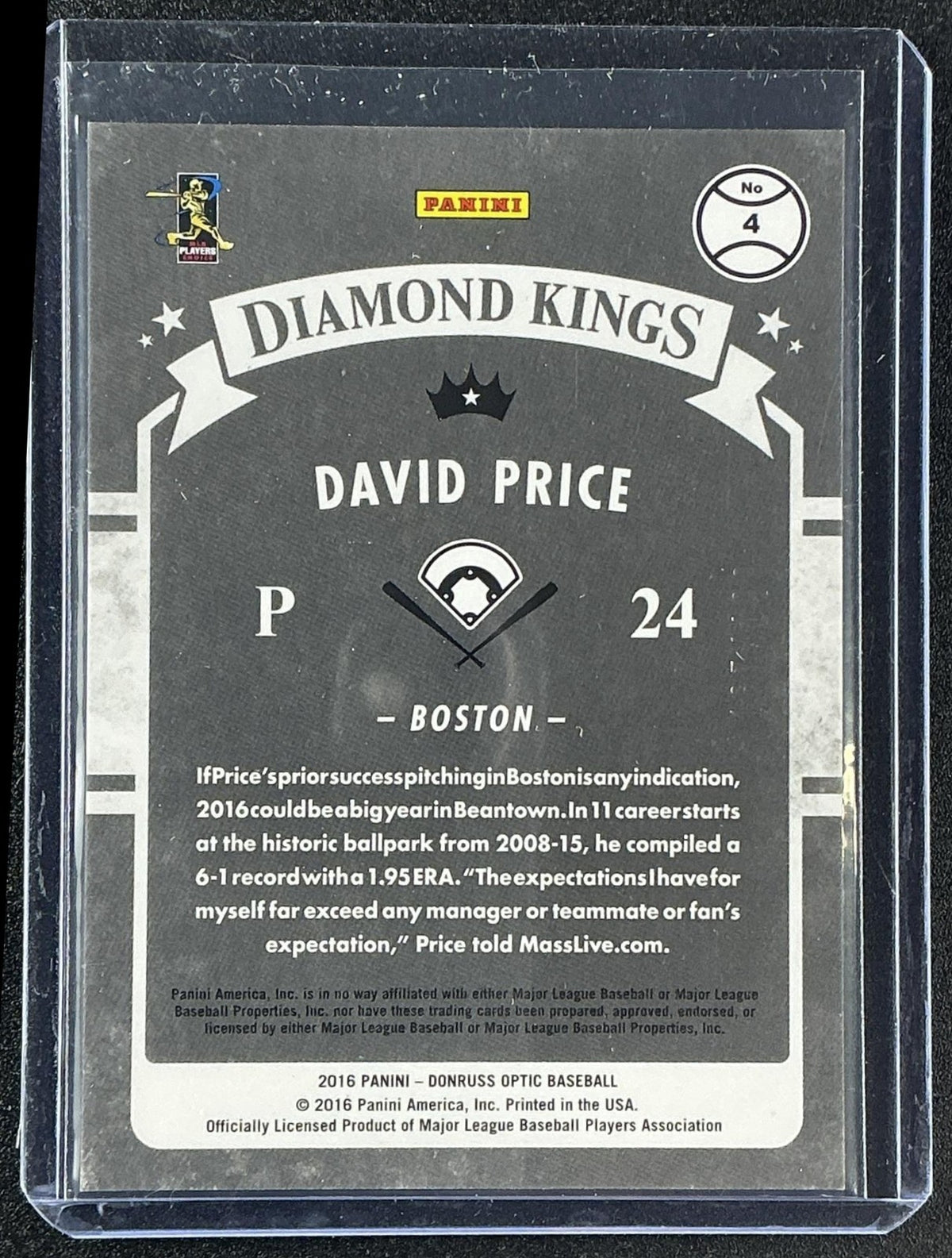 DAVID PRICE 2016 PANINI DONRUSS OPTIC #4 HOLO RED SOX