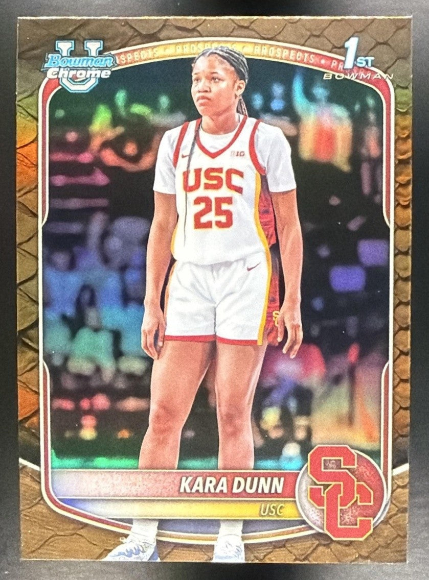 KARA DUNN 2025-26 BOWMAN #BCP-71 CHROME REPTILIAN REFRACTOR 1ST PROSPECT TROJANS