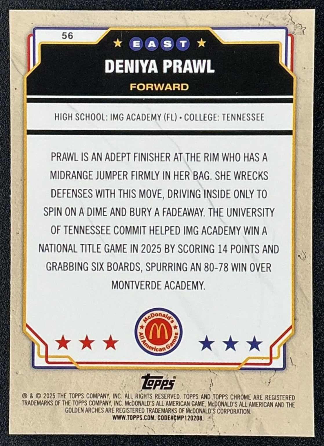 2025 Topps Chrome McDonald's Deniya Prawl #56 Aqua Wave Refractor /199