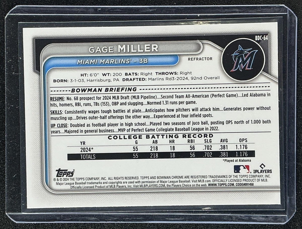 GAGE MILLER 2024 BOWMAN DRAFT #BDC-64 CHROME REFRACTOR 1ST PROSPECT MARLINS