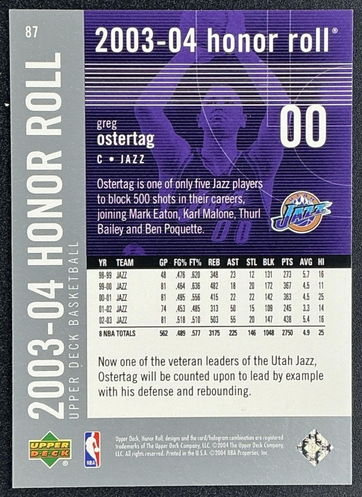 GREG OSTERTAG 2003-04 UPPER DECK HONOR ROLL #87 JAZZ