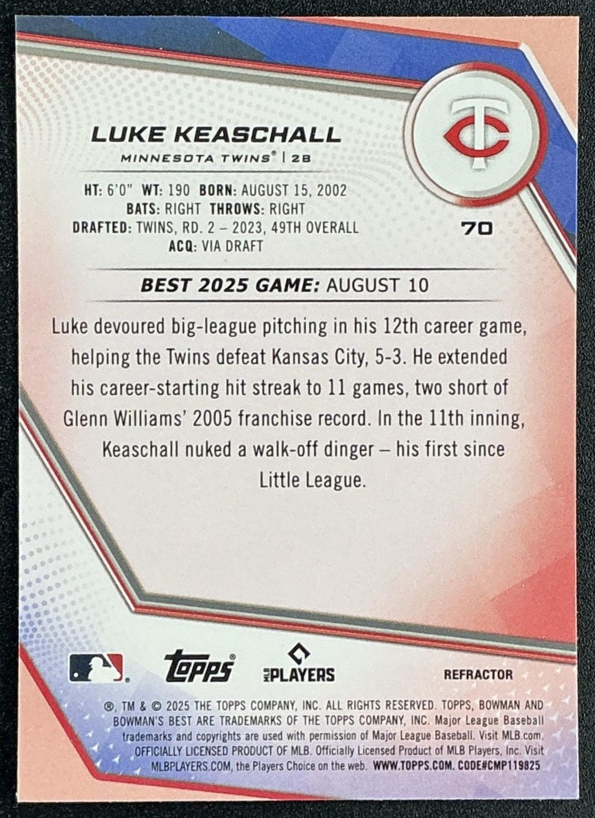 LUKE KEASCHALL 2025 BOWMAN'S BEST #70 REFRACTOR RC TWINS