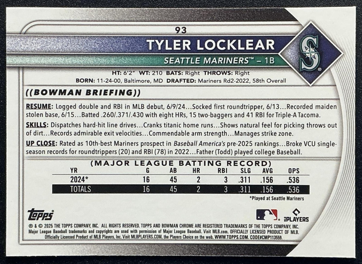 TYLER LOCKLEAR 2025 BOWMAN #93 CHROME RED RC ROOKIE REDEMPTION MARINERS