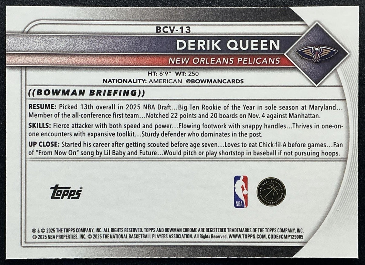 DERIK QUEEN 2025-26 BOWMAN #BCV-13 CHROME RC PELICANS