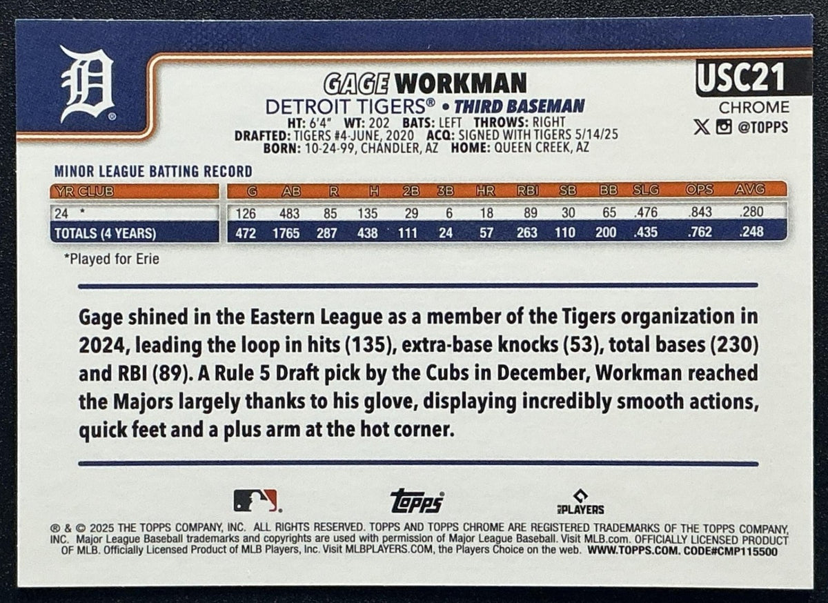 GAGE WORKMAN 2025 TOPPS CHROME UPDATE #USC21 GEOMETRIC REFRACTOR RC TIGERS