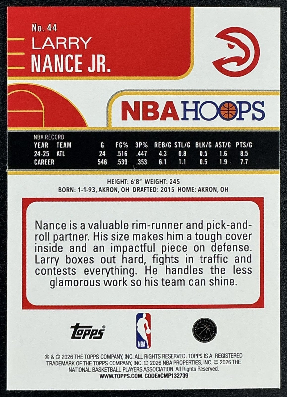 LARRY NANCE JR. 2025-26 TOPPS HOOPS #44 LIGHT BURST HAWKS