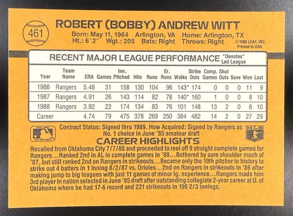 BOBBY WITT 1989 DONRUSS #461 RANGERS