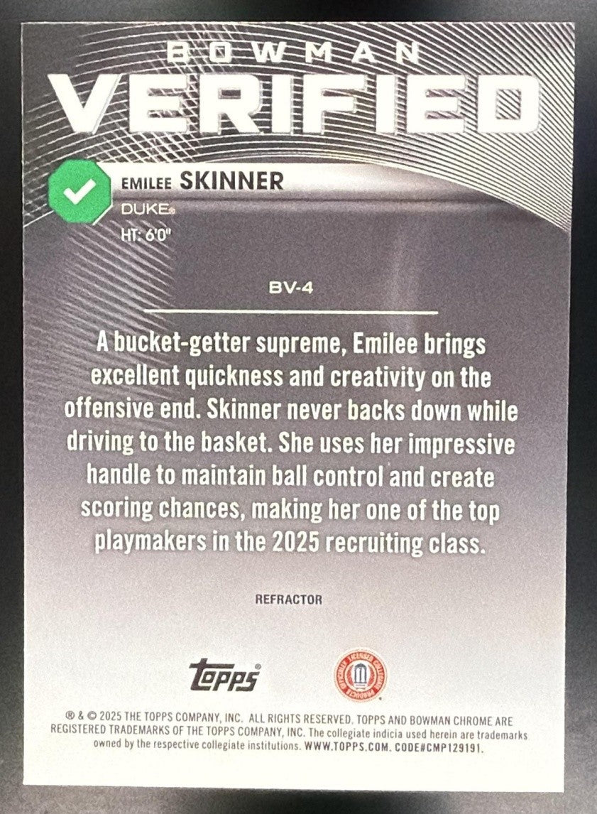 EMILEE SKINNER 2025-26 BOWMAN #BV-4 CHROME VERIFIED REFRACTOR BLUE DEVILS