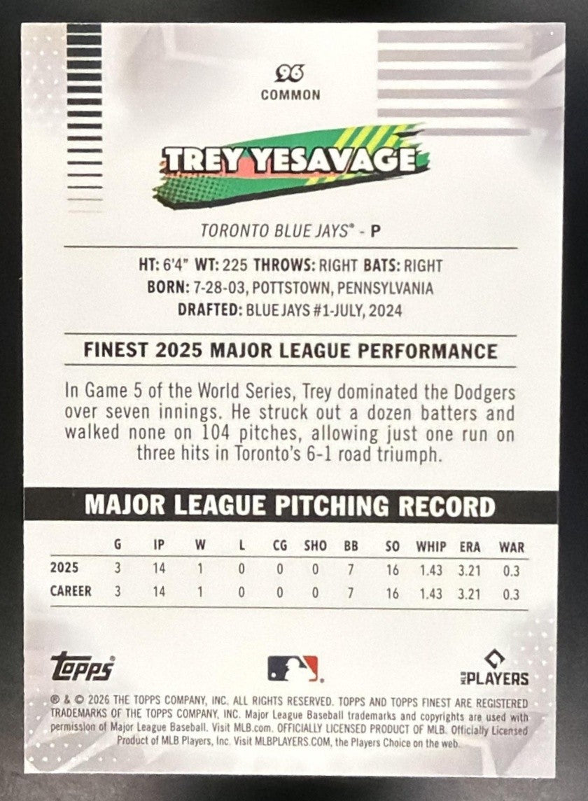 TREY YESAVAGE 2026 TOPPS FINEST #96 RC BLUE JAYS