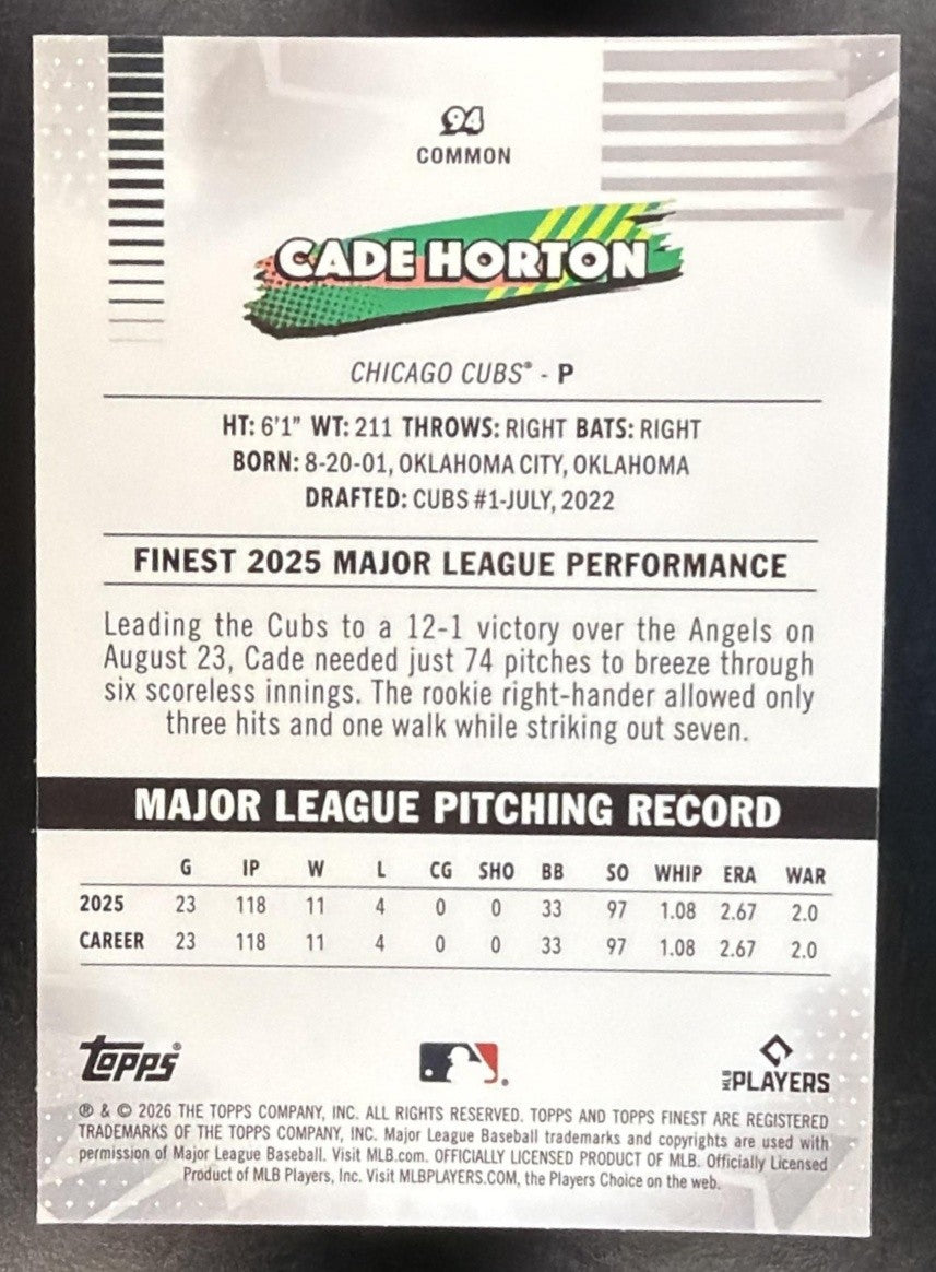 CADE HORTON 2026 TOPPS FINEST #94 X-FRACTOR CUBS
