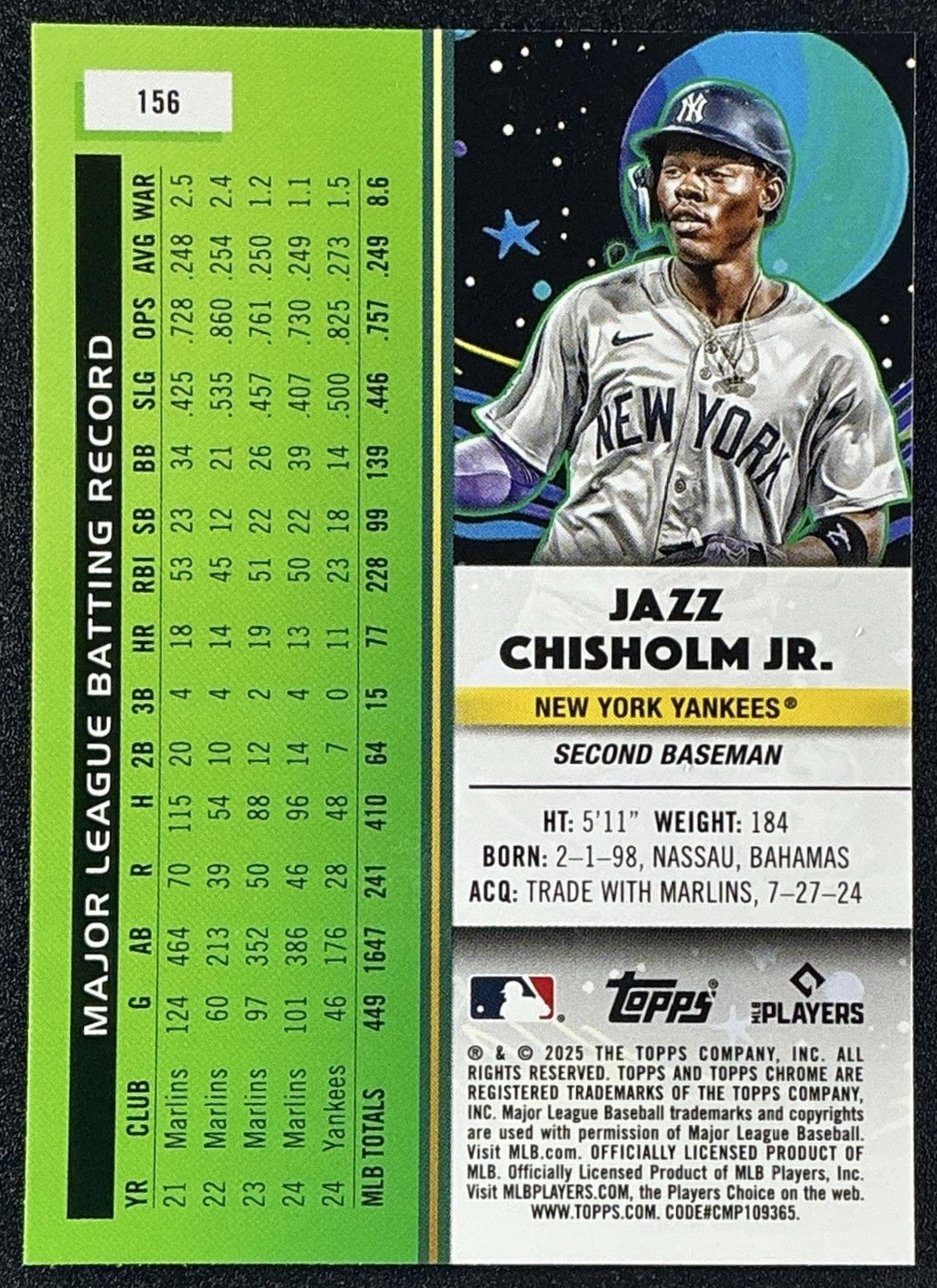 JAZZ CHISHOLM JR. 2025 TOPPS COSMIC CHROME #156 NUCLEUS REFRACTOR YANKEES