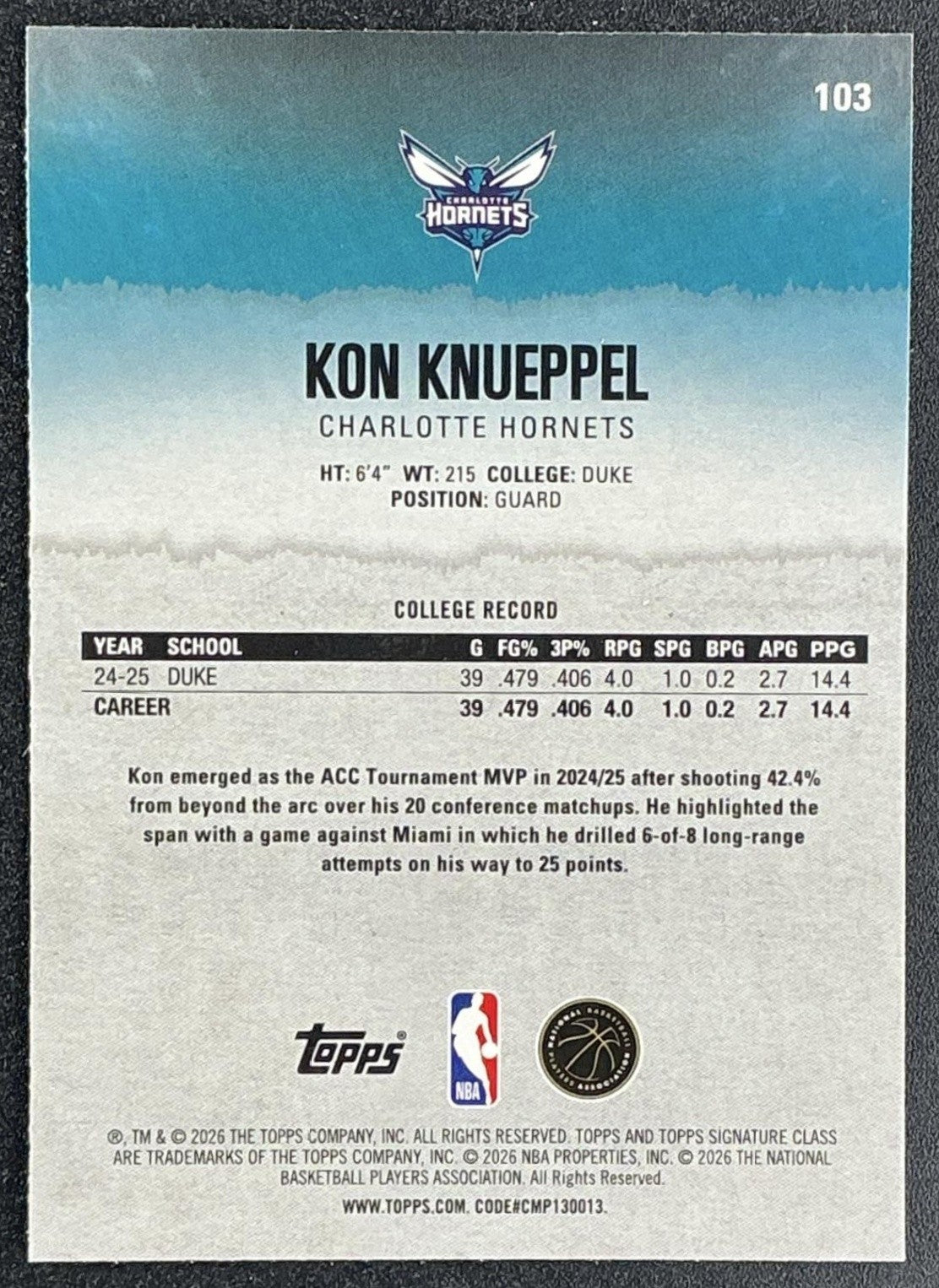 KON KNUEPPEL 2025-26 TOPPS SIGNATURE CLASS #103 CHROME ROOKIE RC HORNETS