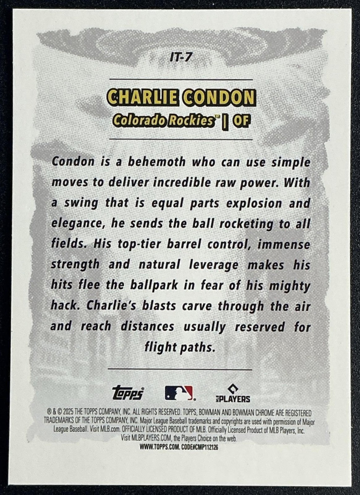 CHARLIE CONDON 2025 BOWMAN CHROME #IT-7 IT CAME TO THE LEAGUE ROCKIES
