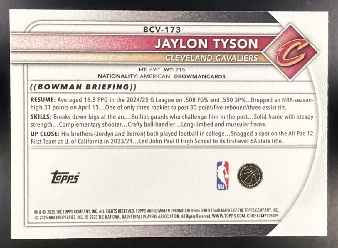 2025 Bowman Jaylon Tyson #BCV-173 Chrome Blue Shimmer Refractor /150