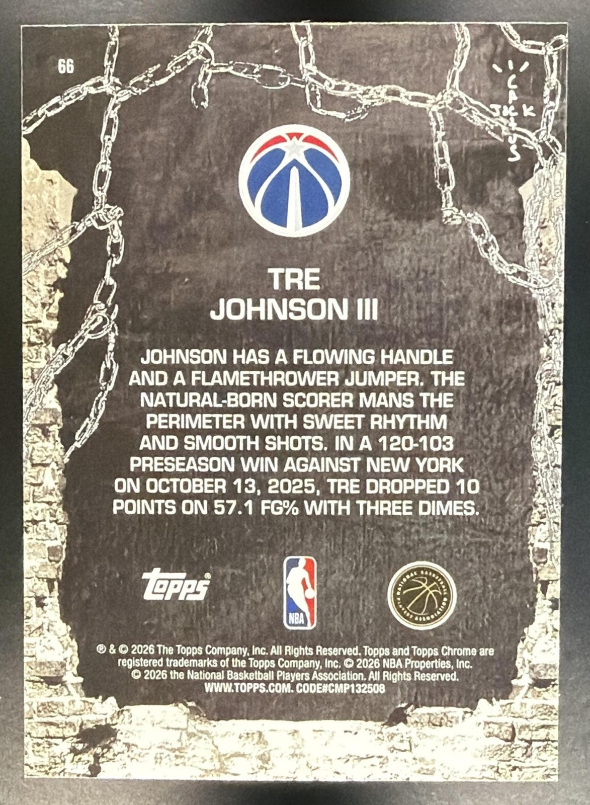 TRE JOHNSON III 2025-26 TOPPS CHROME X CACTUS JACK #66 RC WIZARDS