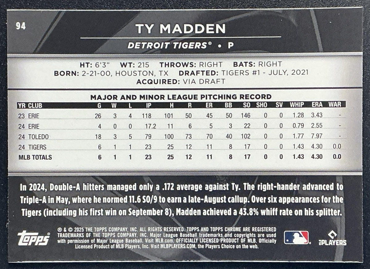TY MADDEN 2025 TOPPS CHROME BLACK #94 RC TIGERS