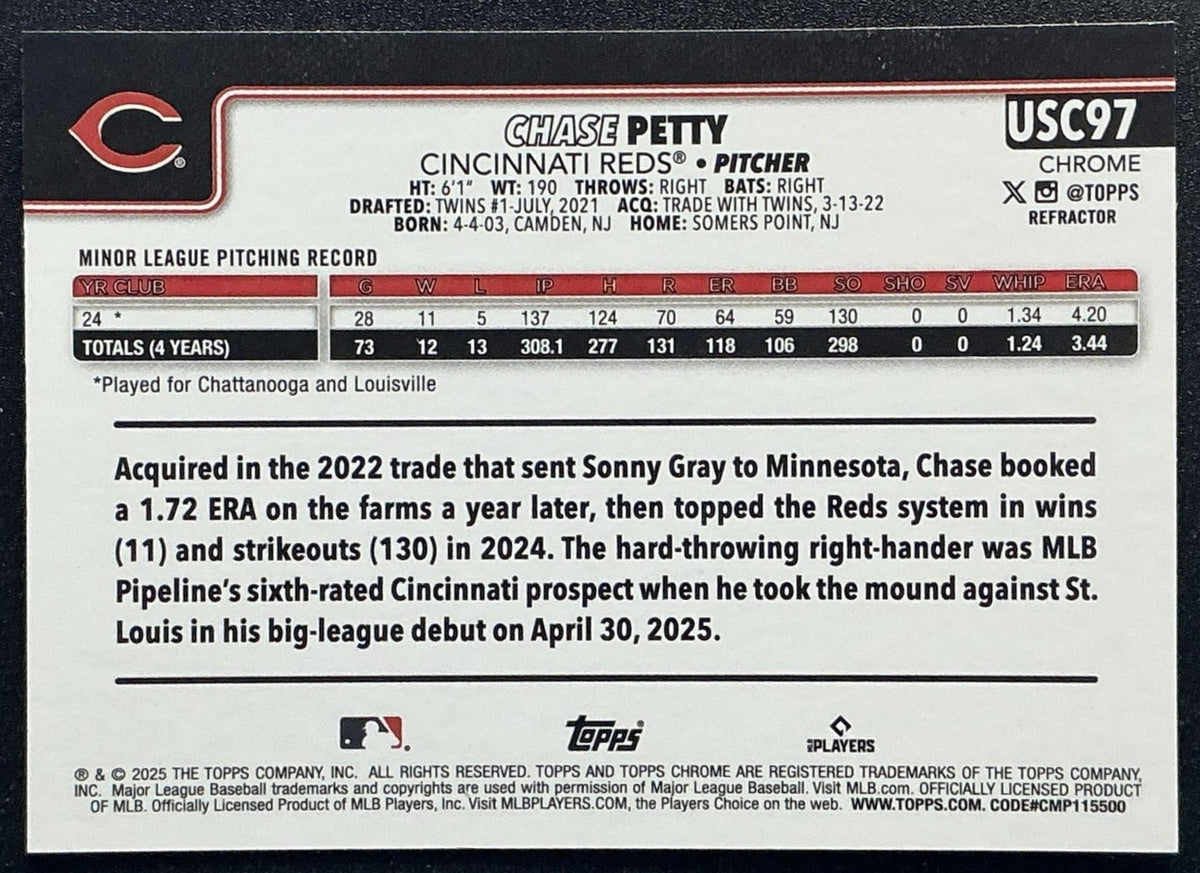CHASE PETTY 2025 TOPPS CHROME UPDATE #USC97 REFRACTOR RC REDS
