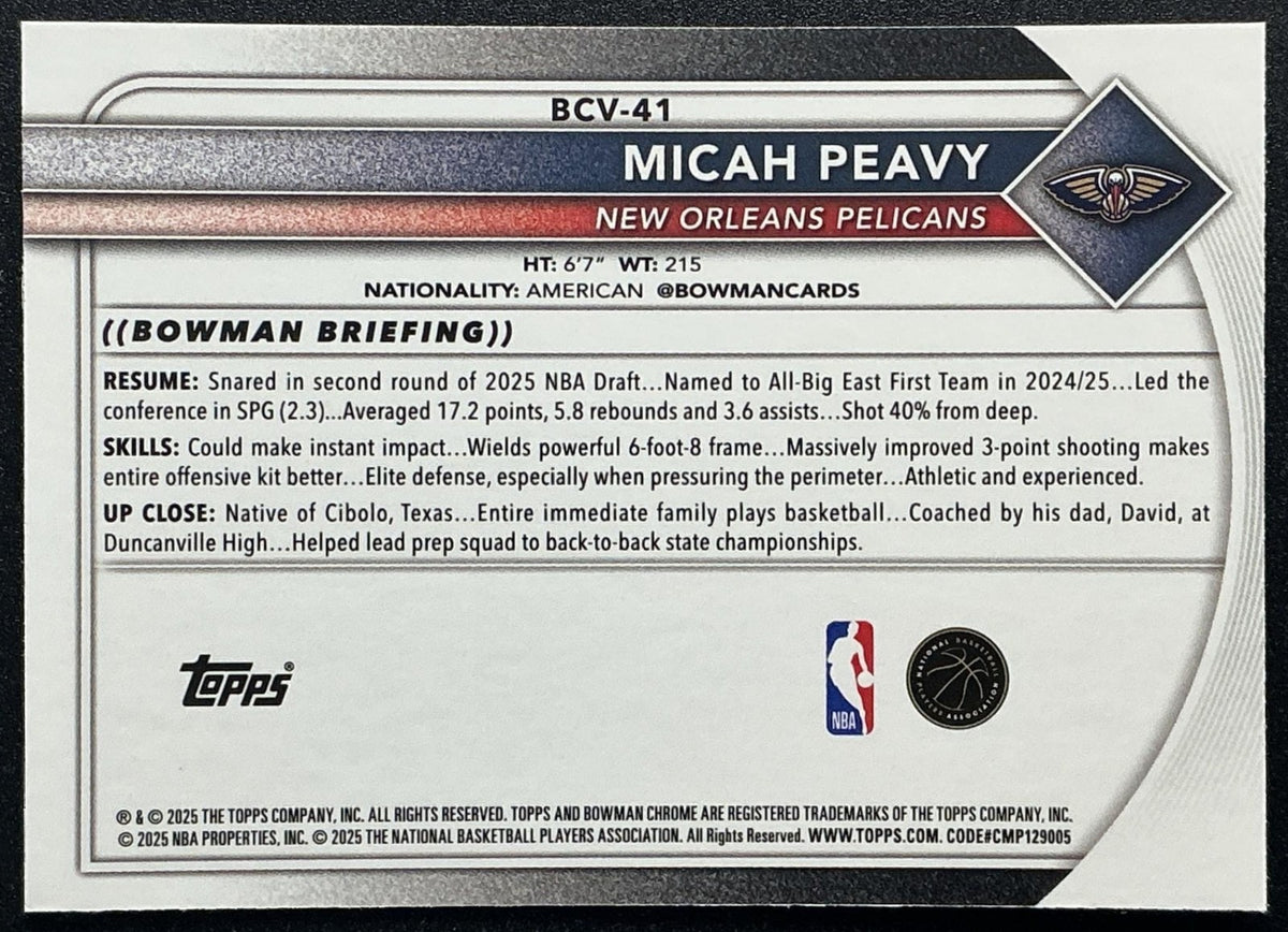 MICAH PEAVY 2025-26 BOWMAN #BCV-41 CHROME RC PELICANS