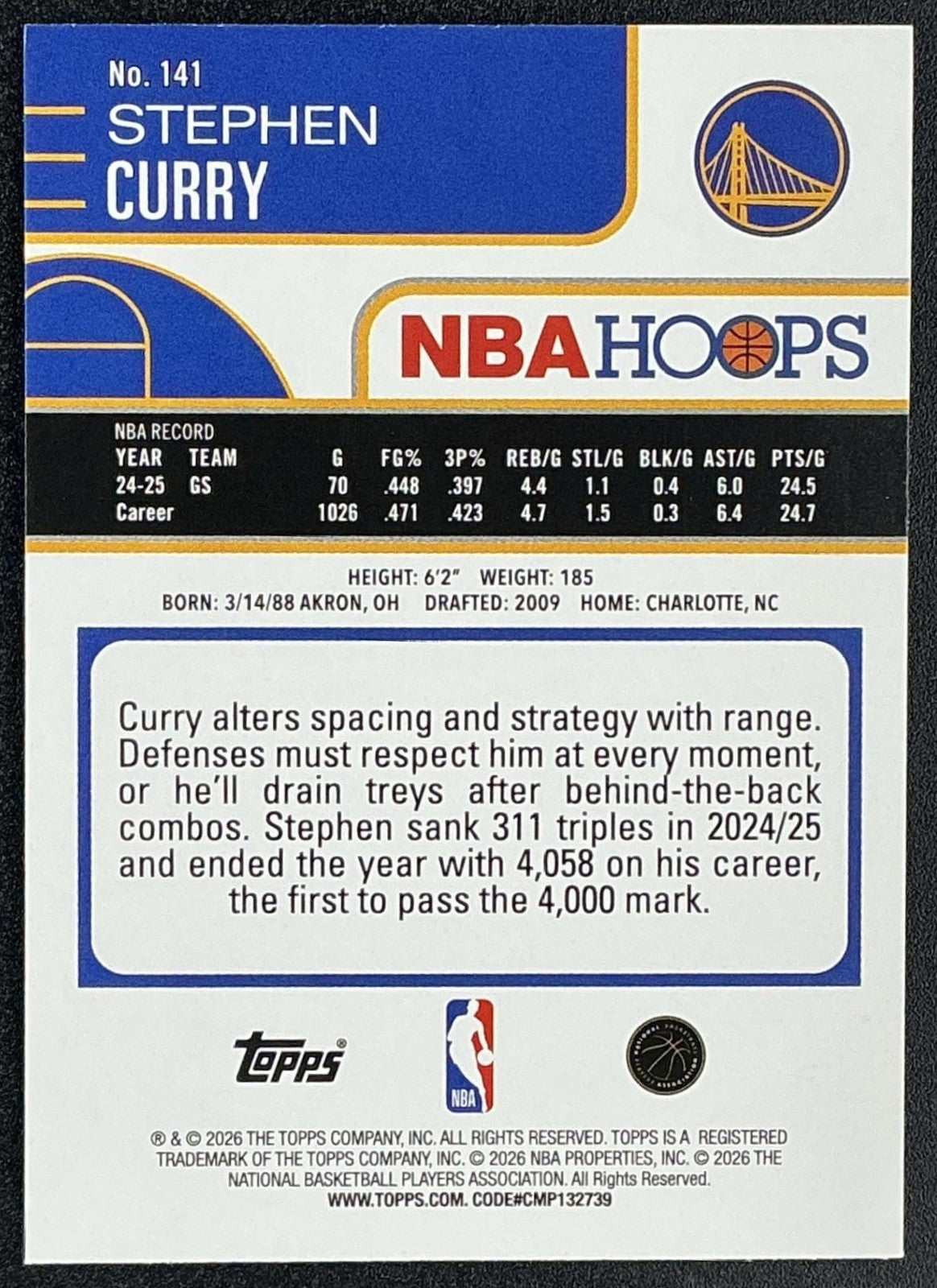 STEPHEN CURRY 2025-26 TOPPS HOOPS #141 WARRIORS