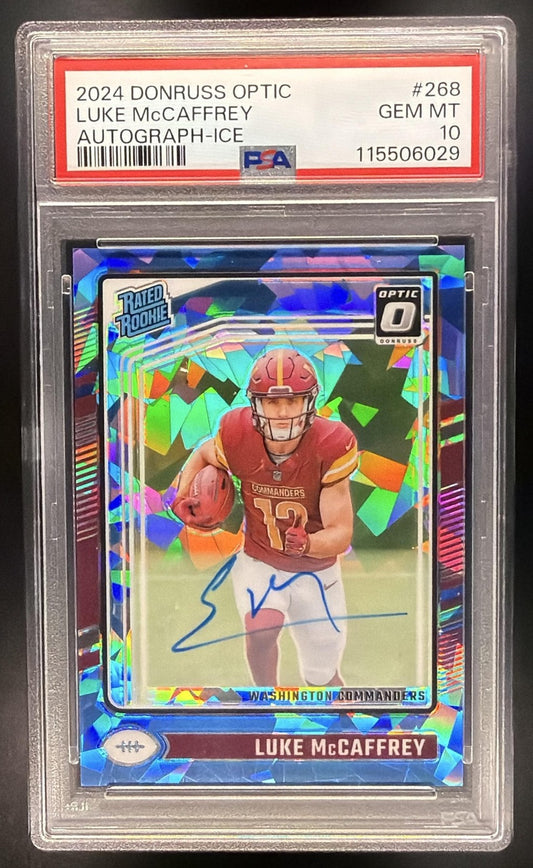 2024 Panini Donruss Optic Luke McCaffrey Rated Rookie RPS Auto Ice /15 PSA 10