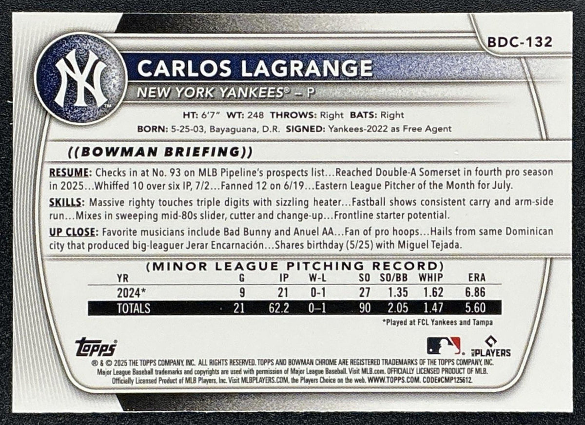 2025 Bowman Draft Carlos Lagrange #BDC-132 Chrome Aqua Reptilian Refractor /125