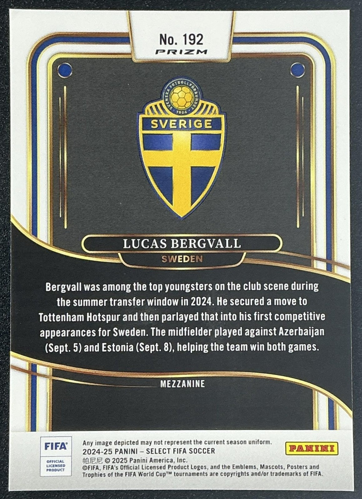LUCAS BERGVALL 2024-25 PANINI SELECT FIFA #192 MEZZANINE ICE RC SWEDEN