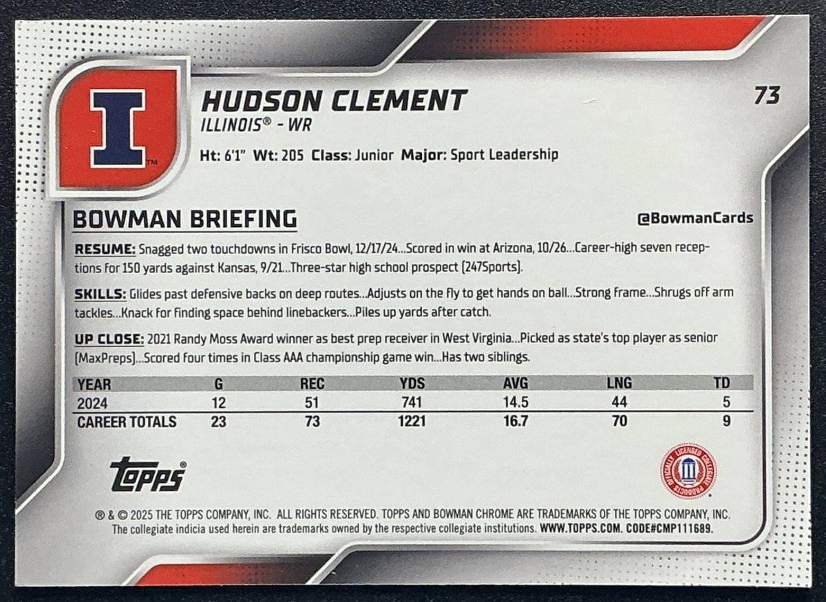 2025 Bowman Chrome University Hudson Clement #73 Pink Lava Refractor 1st