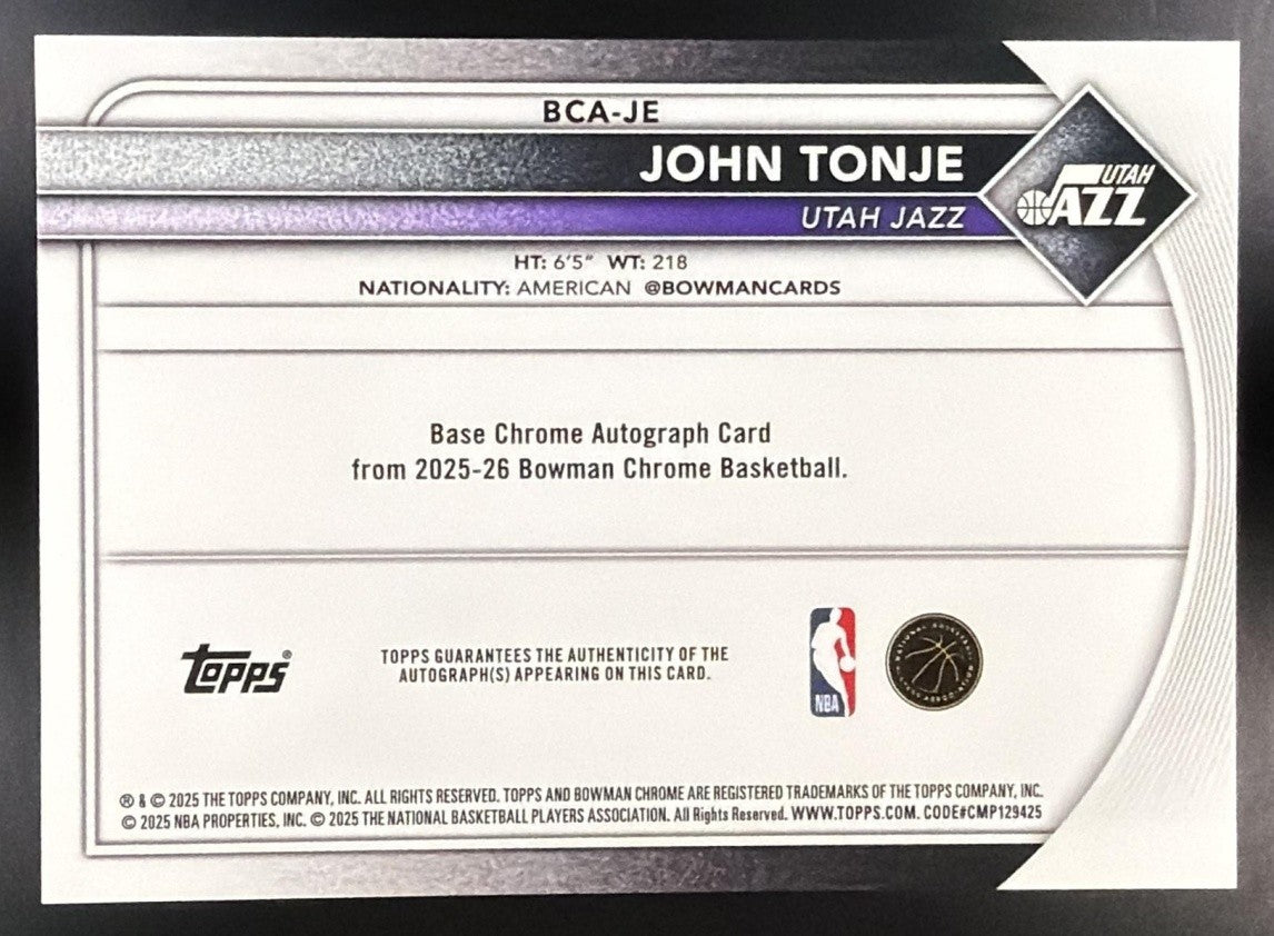 JOHN TONJE 2025-26 BOWMAN #BCA-JE CHROME AUTO RC JAZZ
